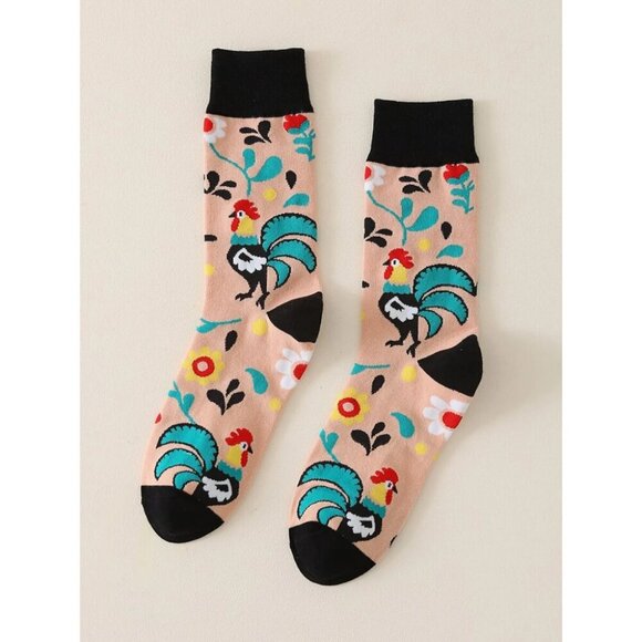 Floral & Chick Print Crew Multicolor Fall Winter Socks Size 36-39 - Picture 1 of 3